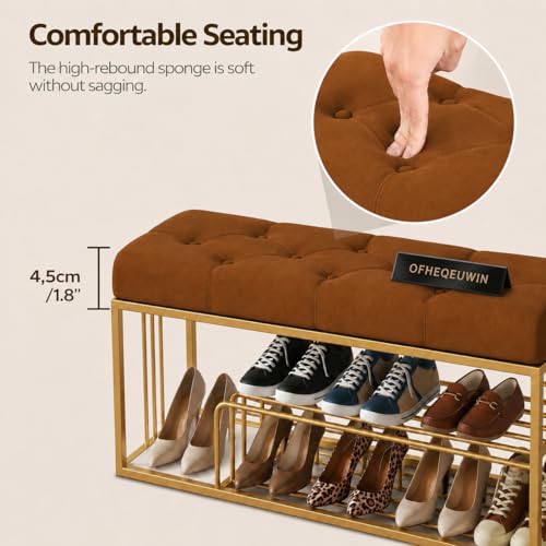 Image of Entryway Shoe Rack with Cushioned Seat, Shoe Bench for Entry, 2 Shelves Storage Bed Bench Brown