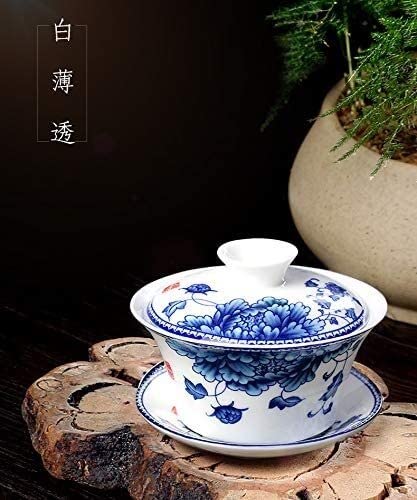 Herbata herbaty， Pokryta filiżanka do herbaty, miska, zestaw, niebiesko-biała porcelanowa Jingdezhen, ceramiczna biała Kung Fu dla trzech talentów, pojedyncza mała