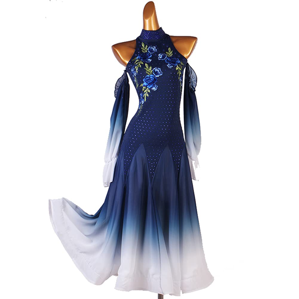 NAKOKOU Chiffon Ballroom Competition Dress Modern Waltz Tango Standard Dance Dress Navy Blue(Navy Blue,L)