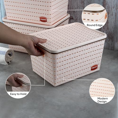 Image of Nayasa Gloria Plastic Basket for Storage | Vegetable & Fruit Basket | Multipurpose Storage Box and Organiser Basket with Lid | Big - Set of 3 | Peach