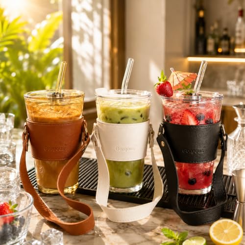 Image of Glass Tumbler with Lid, Straw & Leather Sleeve, 450ml Portable Drinking Glass Cup with White Carry Strap, Reusable Travel Tumbler, Coffee mug, Juice, Smoothies, Iced Drinks & Daily Use (White)