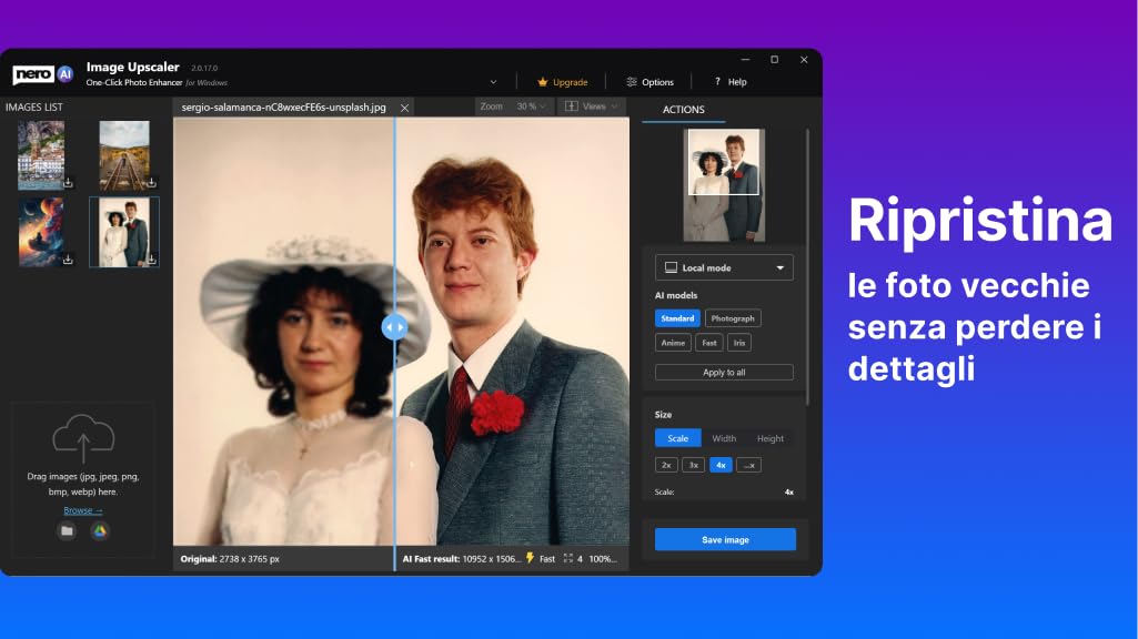 Nero AI Image Upscaler Unlimited | Ingrandire Immagini fino a 4K | Migliorare Qualità Foto | Correggere Bassa Risoluzione e Foto Vecchie | Riduzione Rumore | 1 PC | Windows 11/10