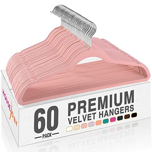 Image of HOUSE DAY Lt Pink Velvet Hangers 60 Pack, Non Slip Clothes Felt Hanger Heavy Duty for Coat, Premium Slim Space Saving Suit Hangers for Closet Organizer, 360 Rotating Silver Hook