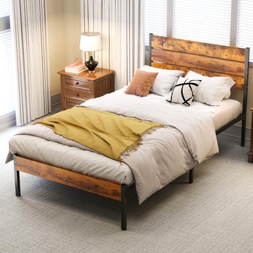 Image of NEWBULIG Twin Size Bed Frame with Headboard, 800LBS Mattress Foundation with All Sturdy Metal Support, Under Bed Storage, No Box Spring Needed, Easy Assembly, ClassicRust Brown