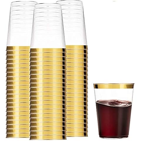 Munfix 100 Gold Plastic Cups 14 Oz Clear Tumblers Gold Rimmed Fancy Disposable Wedding Elegant Party Cups with Gold Rim Cover