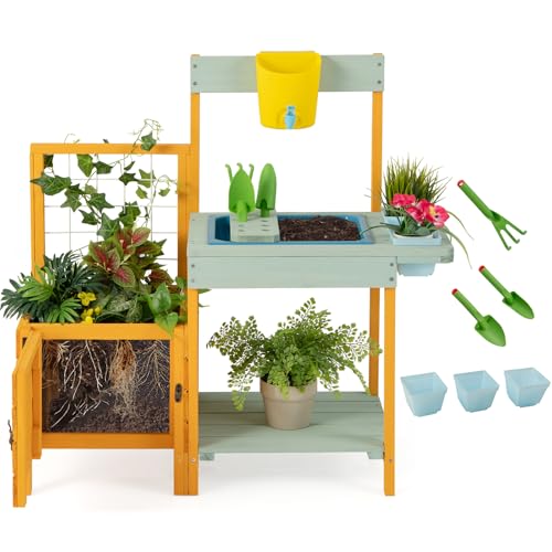 FIREFLOWERY Mud Kitchen, Outdoor Playset with Trowels, Rake, and Plant Pots, Kids Potting Bench with Viewer Window, Mud Kitchen for Kids Outdoor, for Children Ages 3+ Years