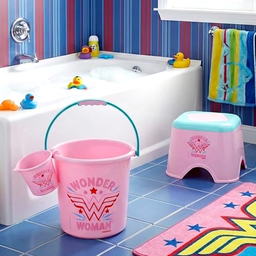 Image of Nayasa Kids Wonder Women Print Bathroom Set of 3 | 18 LTR Bucket, 1 LTR Mug and Stool Combo for Children | Sturdy and Durable | Lightweight and Rigid | Easy to Clean and Attractive Design | Pink