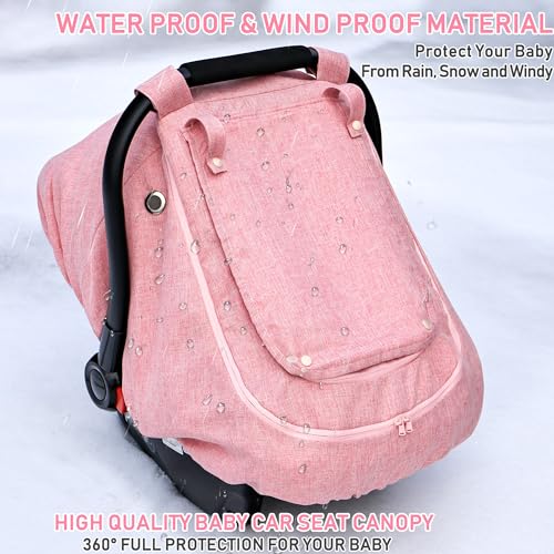 Image of Waterproof Baby Car Seat Cover，YVMVDV Patented Pink Cold Weather Carseat Cover for Babies,Infant Car Seat Cover Canopy for Girls, Windproof Car Seat Canopy for Girls, Keeps Babies Warm and Cozy
