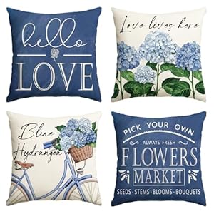 AVOIN colorlife Hello Love Blue Hydrangea Bicycle Throw Pillow Covers 18 x 18 Inch Flowers Summer Spring Mothers Day Cushion Case for Sofa Couch Set of 4