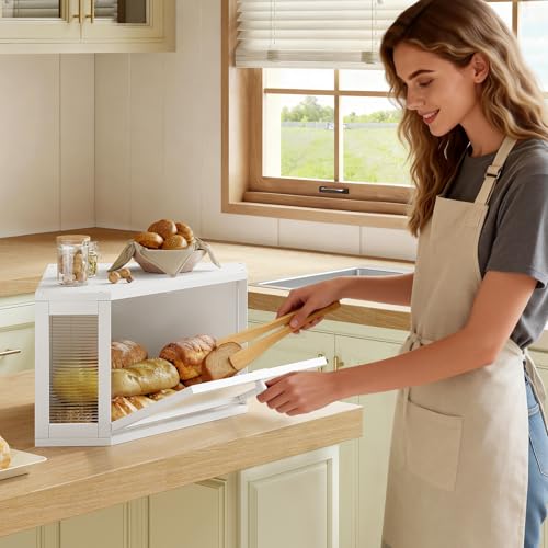 Image of WOWLIVE Corner Bread Box for Kitchen Countertop, Bamboo Bread Storage Container, Large Farmhouse Bread Holder with Acrylic Wavy Door Panel, Multi-functional Container, White