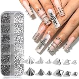 Furtherpretty Cone Spike Nail Charms Set, 3D Tiny Metal Square Pyramid Studs for Nails, Mixed Sizes Black & Silver Flat Back Punk Nail Charms, Gothic Y2K Rock Edgy DIY Manicure Decorations