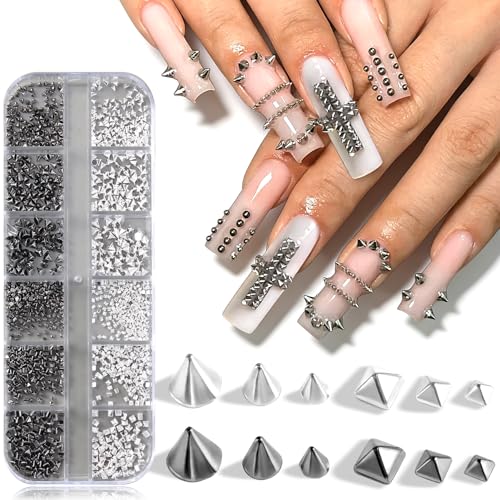 Furtherpretty Cone Spike Nail Charms Set, 3D Tiny Metal Square Pyramid Studs for Nails, Mixed Sizes Black & Silver Flat Back Punk Nail Charms, Gothic Y2K Rock Edgy DIY Manicure Decorations
