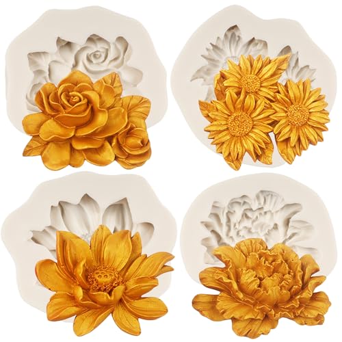 FCKEMLDS Rose Flower Silicone Mold Sunflower Peony Fondant Molds Set of 4