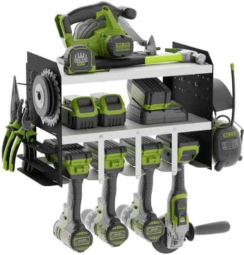 Power Tool Organizer Wall Shelves Rack - Drill Organizer Wall Mount - Workshop Battery Shelf for Pegboard - Toolbox Drill Holder - Power Tool Battery Charging Station and Storage - garage organization