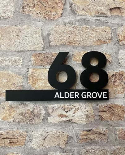 One of a Kind Design UK Personalised Modern Floating Acrylic House Number, Personalised Number Plate, Matt Grey or Matt Black, 24x12cm, Nine Coloured Backing Available - Black