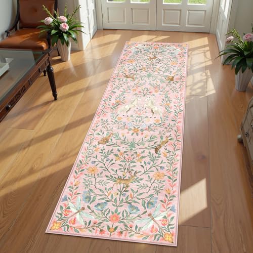 STARUIA Washable Runner Rug Clearance, 2x6 Runner Rugs for Hallway, Non-Slip Kitchen Runners, Vintage Unicorn Floral Soft Low Pile Non-Shedding Carpet for Hallways, Entryway, Bedroom, Bathroom(Pink)