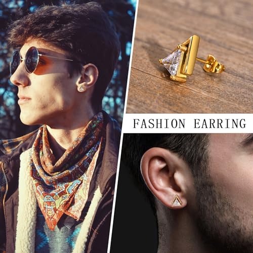 Triangle Stud Earrings for Men Women, Stainless Steel Minimalist Cubic Zirconia Pierced Post Earrings, Gold