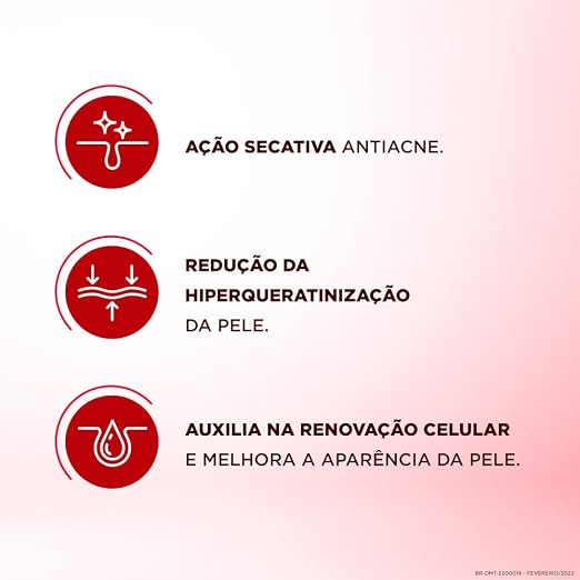 Infográfico listando os três principais benefícios do sabonete: ação secativa, redução da hiperqueratinização e renovação celular