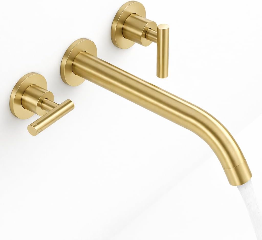 Wall Mount Tub Filler, Solid Brass Wall Mount Bathtub Faucet, 9.78 GPM at 60 PSI, Brushed Gold Tub Faucet with 2 Handles, Long Spout Reach, Rough-in Valve Included