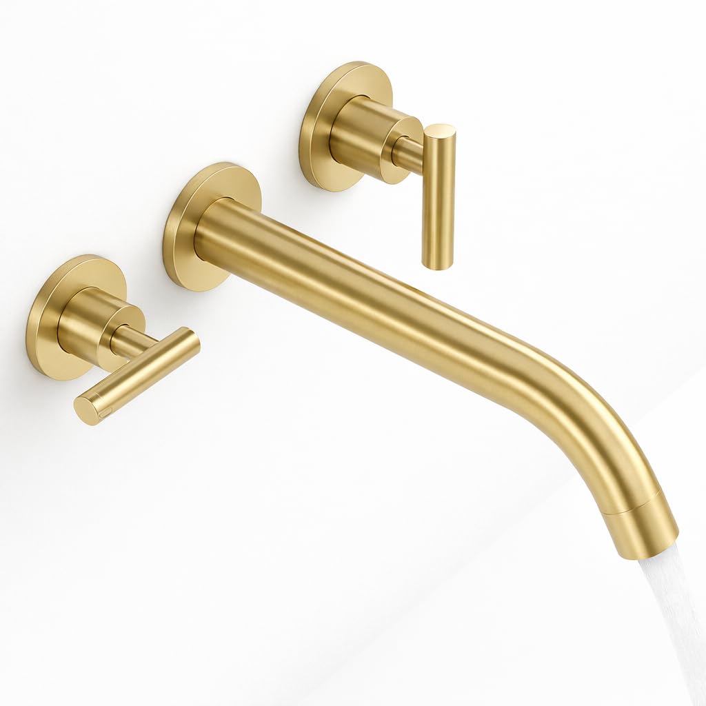 Sxithgkdw Brushed Gold Wall Mount Tub Filler, Solid Brass Wall Mount Bathtub Faucet, 9.78 Gpm At 60 Psi, Tub Faucet With 2 Handles, Long Spout Reach, Rough-In Valve Included