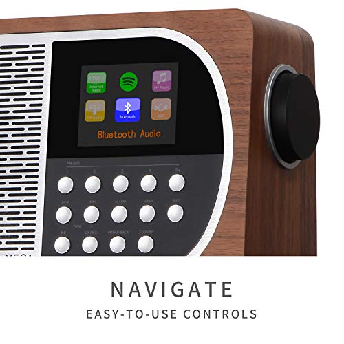 LEMEGA M2+ Smart Internet Radio,Table Radio,FM Radio,Bluetooth, WiFi,Spotify Connect,Wooden Box,Headphones-Out,AUX-in,USB MP3, Alarms& Clock,Kitchen/Sleep/Snooze Timer,20 Stations Presets-Walnut