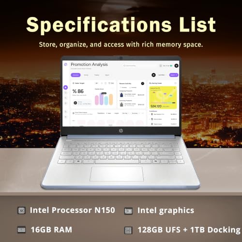 Image of HP Stream 14 inch HD Student & Business Laptop, Intel Processor N150, 16GB RAM, 1.12TB Storage (128GB UFS + 1TB Docking Station), Intel Graphics, 1 Year Office 365, Wi-Fi 6, Win 11, Sky Blue