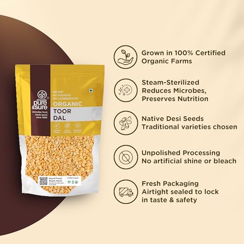 Image of Pure & Sure Organic Toor Dal - 500 gm | 100% Natural & Premium Arhar, Tur, Tuar Dal | Rich in Proteins & Fibers | Unpolished & Unadulterated