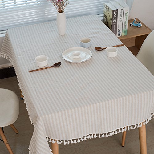meioro Tablecloths Striped Tassel Table Cloth Rectangular Tablecloth Cotton Linen Table Cover Suitable for Home Kitchen Decoration (Apricot/White Stripes - Image 4
