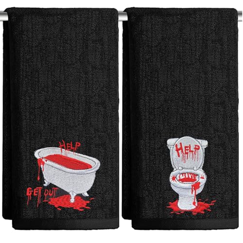 Xkdamai 2 Pack Halloween Hand Towels 100% Cotton Embroidered Scary Bloody Halloween Kitchen Towels Black Bathroom Towels Seasonal Bathroom Decor(Scary Bloody)