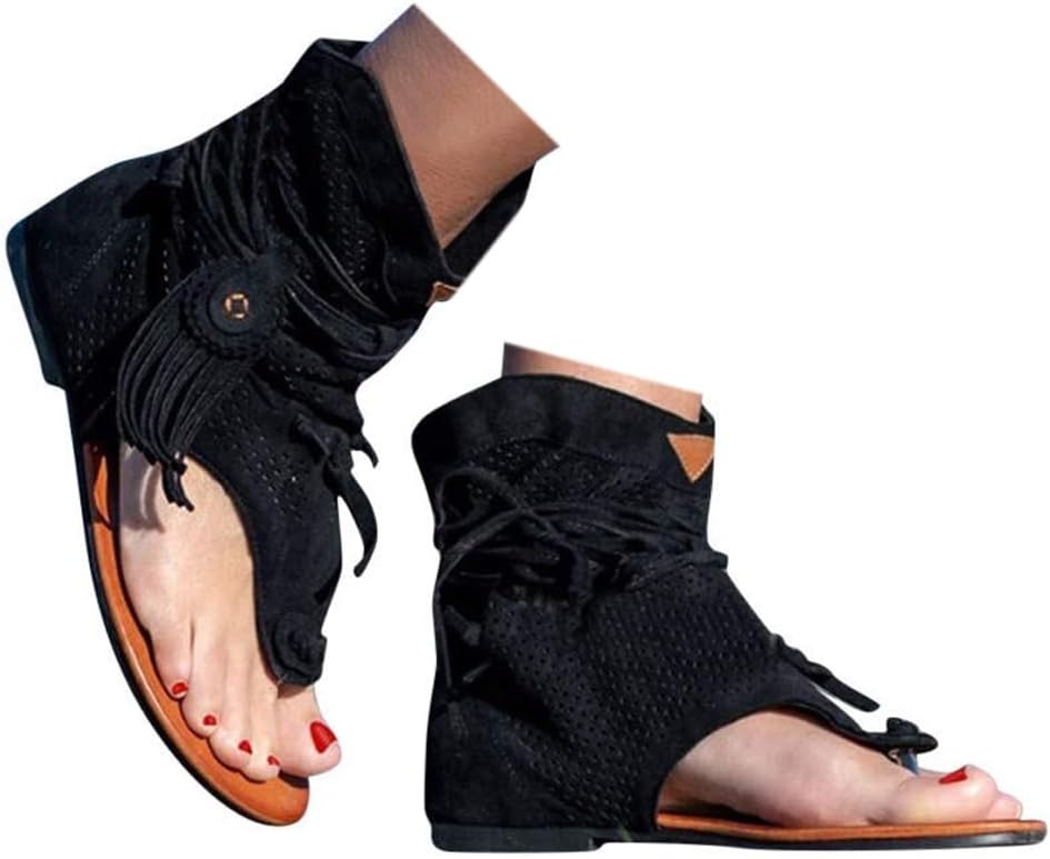 Tassel Sandals for Women - 2026 Bohemian Gladiator Fringe Casual Flip Flops Flat Clip Toe Ankle Boots Beach Sandals T-Strap Open-Toe Beach Sandals