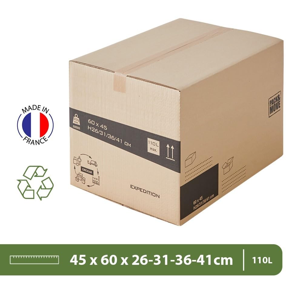 Pack and Move - Zestaw 45 kartonów do przeprowadzki o zmiennej wysokości – 60 x 45 x 31 – 41 cm – wzmocnione uchwyty – 1 klej w prezencie