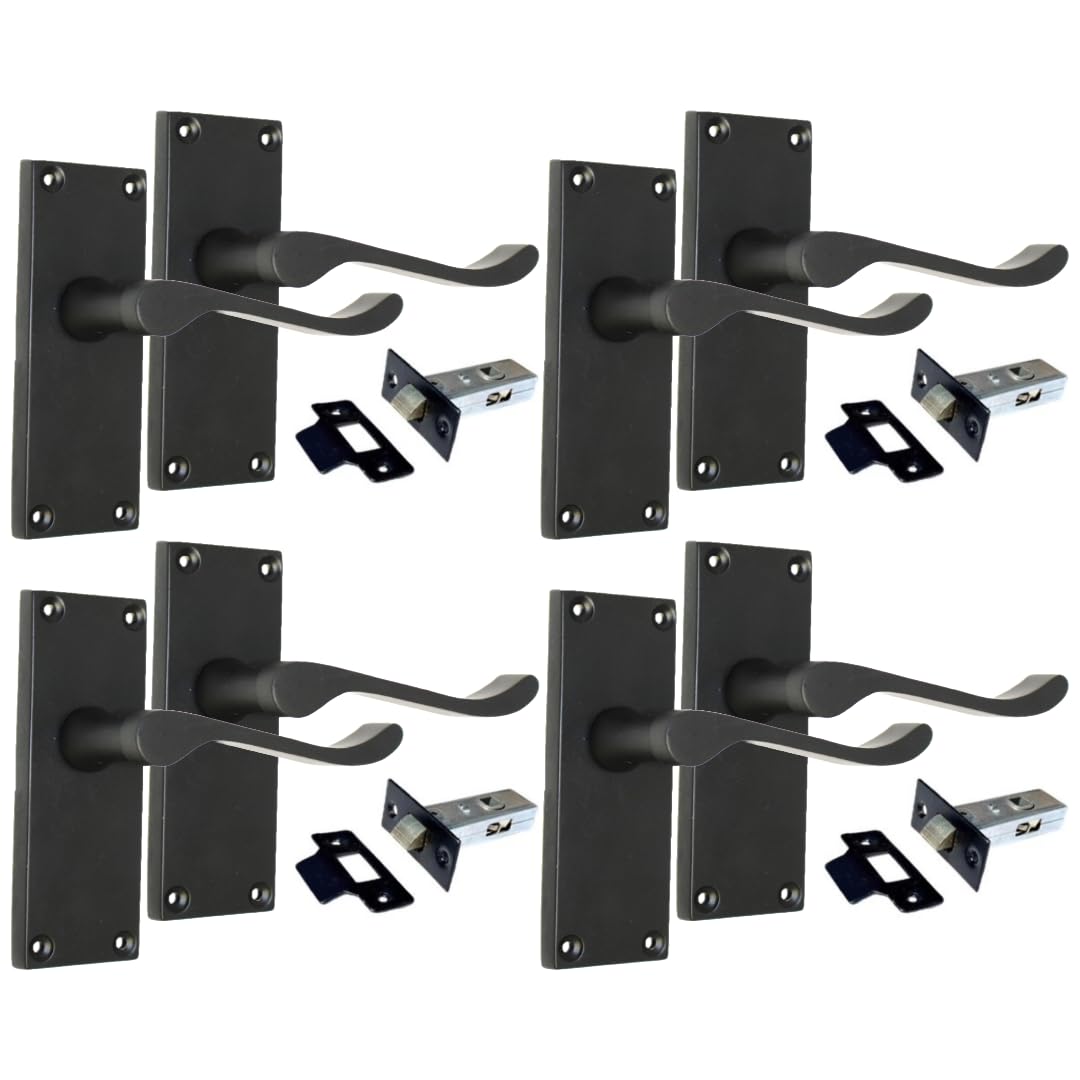 Epsom Door Handle Victoriamatt Black Scroll Door Handle Set with Tubular Latches - Victorian Style Internal and External Lever Door Handles with Backplate. Sets 4 Scroll Door Handles Black