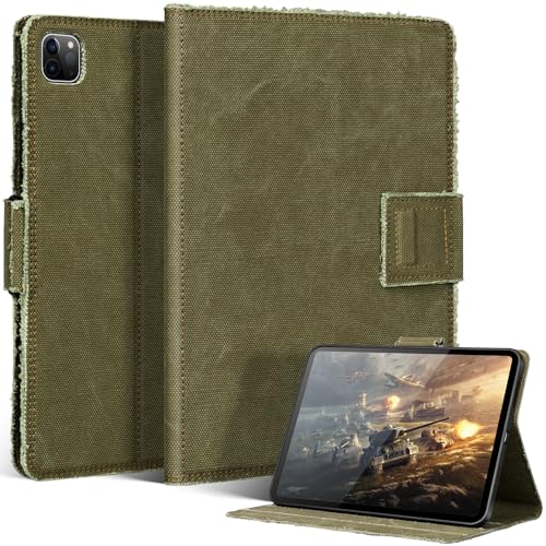 Étui pour iPad Pro 11 en toile robuste vert armée avec support réglable multi-angles