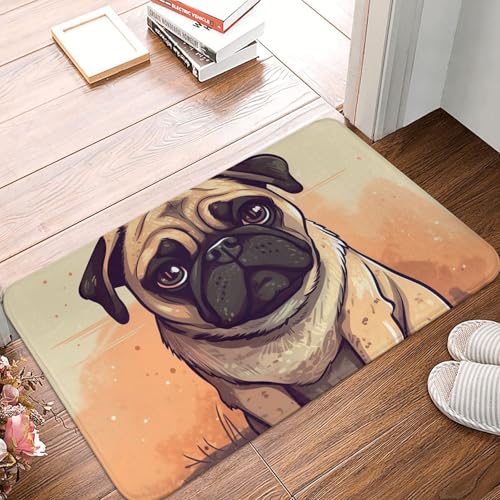 Front Door Mat Absorbent Welcome Mats for Entryway Pug Cartoon Doormat Indoor Outdoor Rugs Non-Slip Area Rugs Flannel Floor Mats Bath Mat Low Profile Entry Rug 23.6