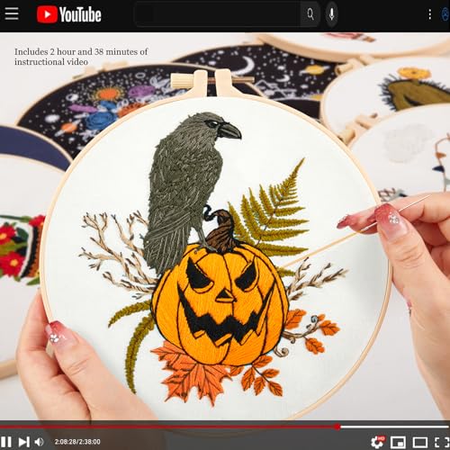 Image of Crafmanoe Halloween Embroidery Starter Kits for Beginners Adults, Fall Pumpkin Stamped Cross Stitch Kits for Beginners Adults, Crow Gothic Embroidery Needlepoint Kits, Hoops, Fabric and Video Tutorial