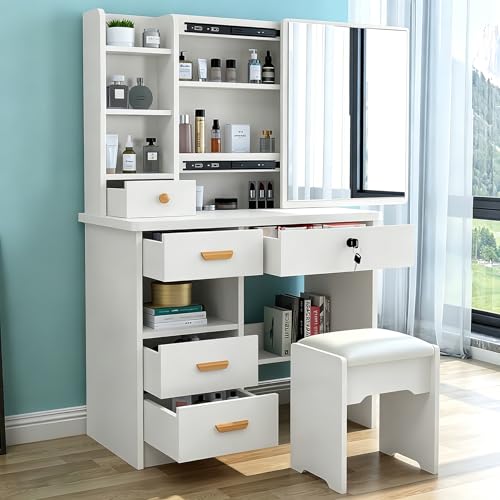 Reviews de Cajonera Con Espejo los 5 más buscados. 42 Vabches Tocador con luz LED, Espejo y Espacio de Almacenamiento Abierto (5 cajones y estantes).Incluye Taburete.Ideal para el Dormitorio.