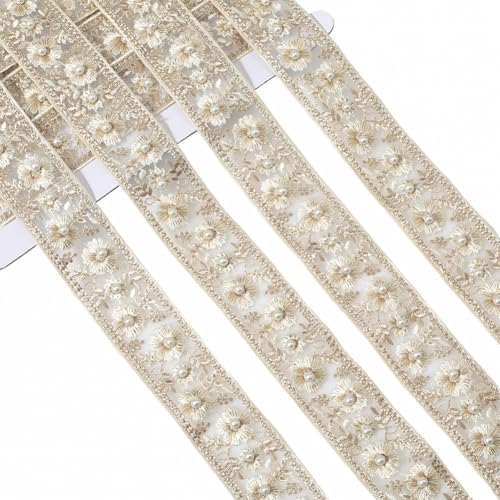 CABODYALS White Embroidered Floral Lace Ribbon Pearl Bead Woven Fabric Polyester Boho Jacquard Trim Tape Flower Embroidery Applique Ribbons for Sewing Making Cloth Dress Accessory DIY Crafts