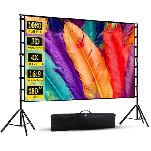 Projector Screen with Stand, Wootfairy 180 inch Portable and Foldable Projection Screen 4K HD 16:9 Rear Front Wrinkle-Free Movie Screen with Carry Bag for Indoor Outdoor Home Theater Backyard Cinema