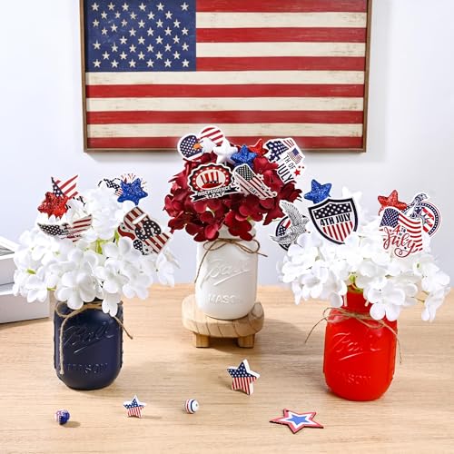 Tuhangcc 24Pcs 4th of July Patriotic Mason Jar Centerpieces Embossed Mason Jar Vases with Flowers Glitter Star Wands and Cupcake Toppers Patriotic Table Decor for Independence Day Memorial Day Party