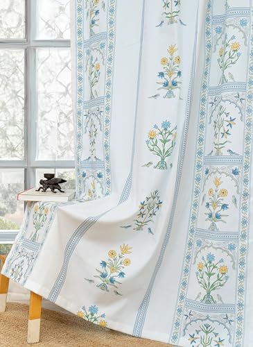 Image of Tranquebar Curtain Co. Cotton Curtains 7 Feet Long Set of 2, 60-65% Room Darkening, Blue Ethnic Curtains Floral Print, Door Curtains 7 Feet Set of 2, with Eyelet, Sashi (213 cm) - Set of 2