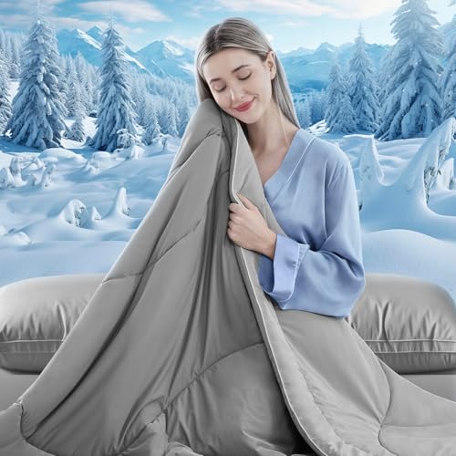 Image of Cooling Comforter Queen Size, Double-Sided Cooling Blanket for Hot Sleepers & Night Sweats, Arc-Chill Q-Max > 0.4 Breathable Ice Blanket, Lightweight Cold Comforter (80''x90'', Light Grey)