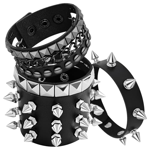 EMORBALS Punk Rock Studded Bracelet - Adjustable Leather Cuff Spiked Bracelets for Men Women - 80s Goth Grunge Accessories(Style-3)