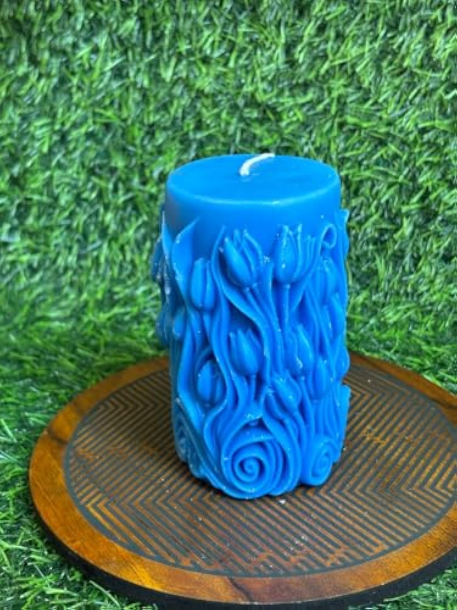 Blue Floral Pillar Candle, Rose and Tulip Embossed Design