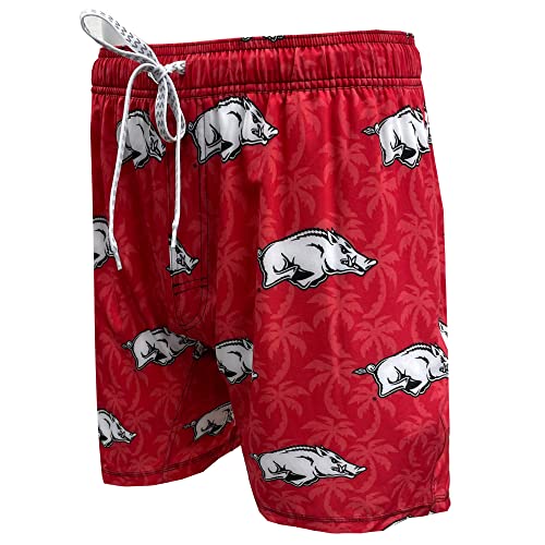 Wes and Willy NCAA Mens Palm Tree Swim Trunk, Arkansas Razorbacks, Bullseye Red, XL