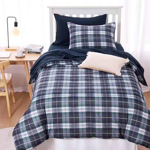 Image of Wake In Cloud - Plaid Comforter Set, Scottish Tartan Check Geometric Modern Pattern Printed, Soft Lightweight Bedding, 3 Pieces, Navy Green, Twin /Twin XL Size