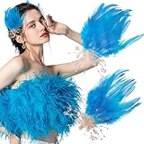 フェザーヘアクリップ2個 バレエスタイル オーストリッチ ホワイトスワン 羽 パール ヘアピン ヘアアクセサリー 女性用 ガールズ 花嫁 パーティー ハロウィン コスチューム フェスティバル ステージ パフォーマンス ヘッドピース (ブルー)