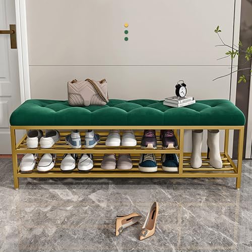 Banc de rangement à chaussures rembourré doté d'une double étagère métallique