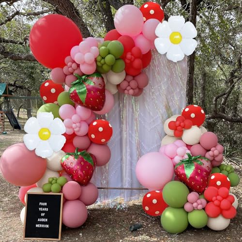 Image of JOGAMS 196Pcs Strawberry Balloon Arch Garland Kit with Dusty Pink Beige Daisy Flower Strawberry Foil Red Polka Dot Balloons for Berry First Sweet One Strawberry Birthday Baby Shower Party Decorations