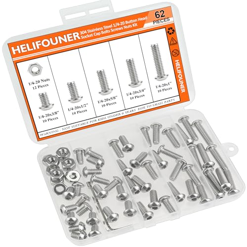 Image of HELIFOUNER 62 Pieces 1 /4-20 x 3 /8 inch 1 /2 inch 5 /8 inch 3 /4 inch 1 inch, Button Head Socket Cap Screws Bolts Nuts Kit, Coarse Thread, Fully Machine Threaded, 304 Stainless Steel