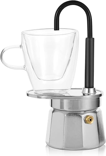 -Mini Express Swiss Single Tube Moka Pot Aluminio Plata, el juego Moka incluye una taza de doble pared de 3 onzas, disfruta de un delicioso café en